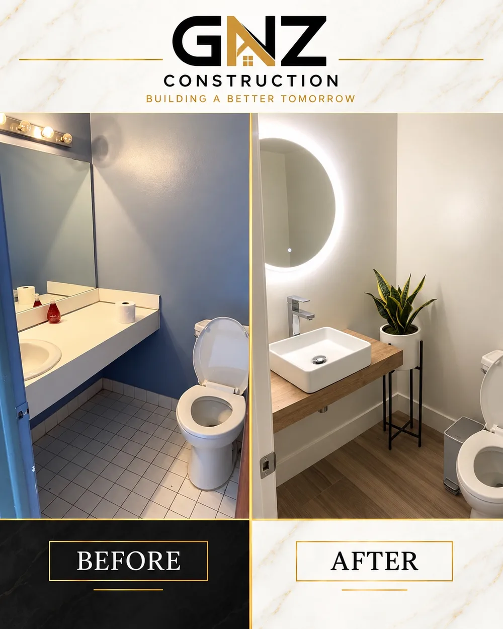 Bathroom renovation before and after by GNZ Construction